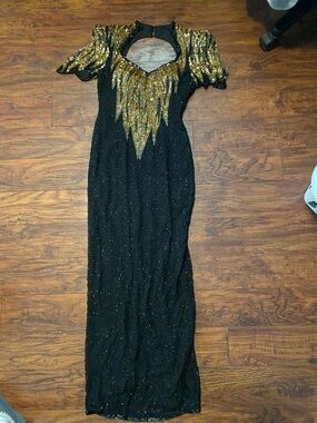 Source Unknown Black Maxi Dress with Gold Sequin Accents